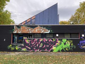 Wand mit Graffits vom Gelände aus mit Gottesanbeterin