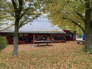 Herbststimmung mit Wand mit Graffitis